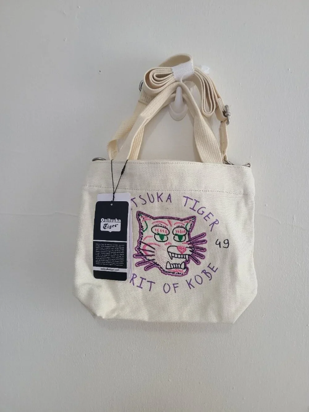 NWT Onitsuka Tiger Off White Canvas Crossbody Small Zip Top Tote Bag